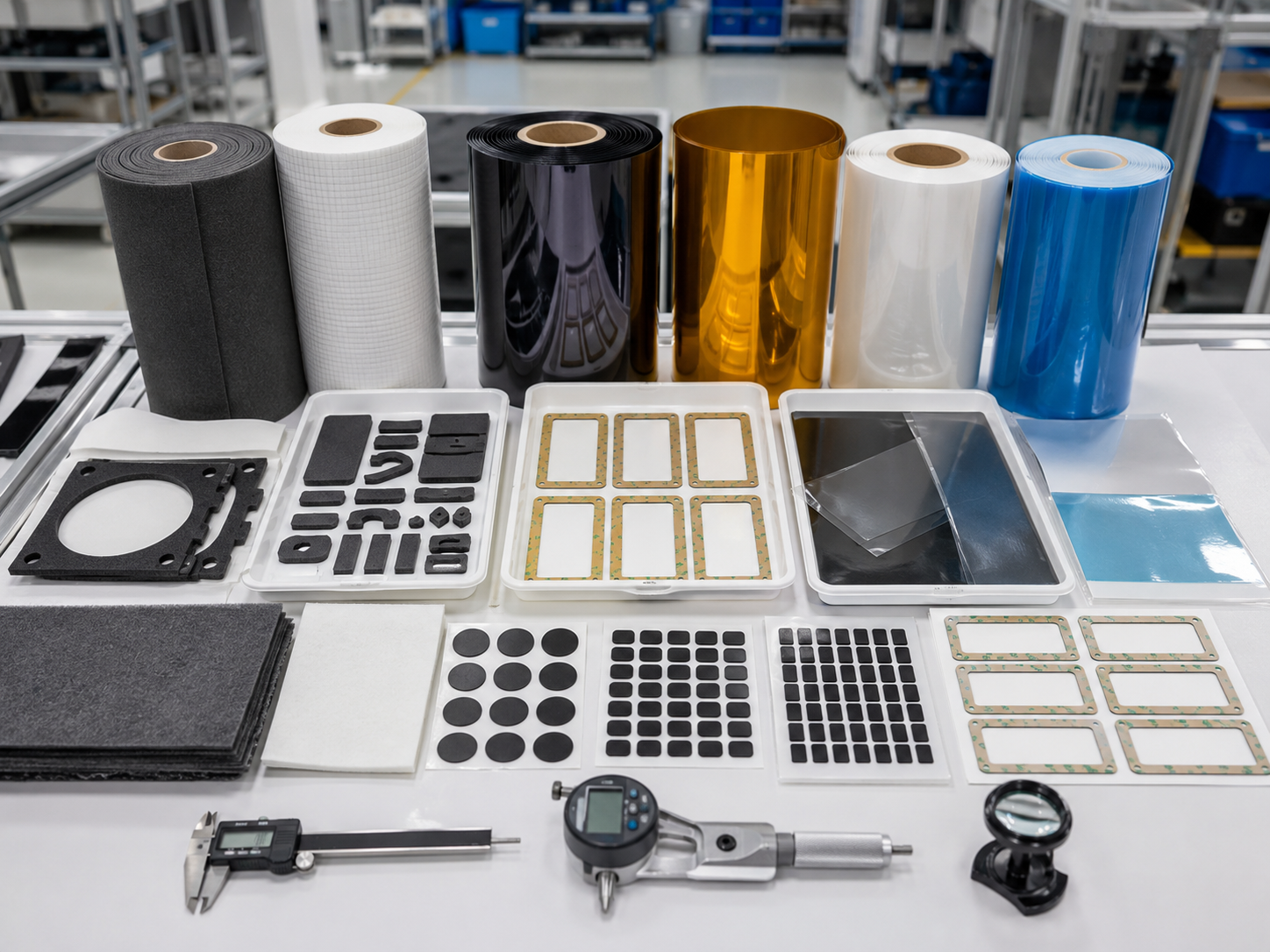 Professional appliance OEM packaging and assembly preparation scene showing die cut foam gaskets, rubber pads, adhesive tape frames, PET insulation films, protective films, non-woven felt pads, kiss-cut parts on release liners, rolls, sheets, kits, clean trays, packaging bags, calipers, and inspection tools