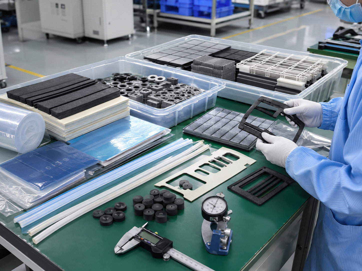 Clean factory inspection scene showing air conditioner die cut components including foam air duct seals, adhesive-backed foam strips, rubber vibration pads, PET insulation films, protective films, dust filter support pieces, control panel tape frames, calipers, thickness gauges, and clean OEM trays