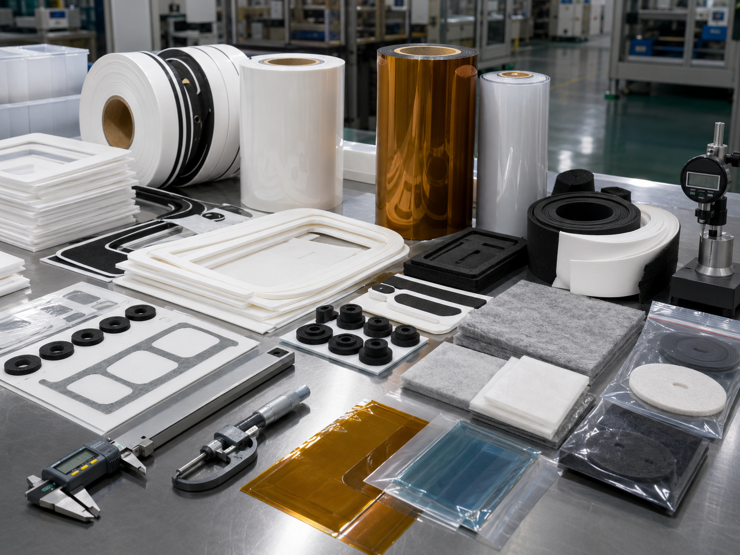 Professional appliance OEM packaging scene showing refrigerator foam gaskets, air conditioner foam seals, washing machine rubber pads, adhesive tape frames, PET insulation films, protective films, non-woven felt pads, kiss-cut parts on liners, rolls, sheets, kits, clean trays, packaging bags, and inspection tools