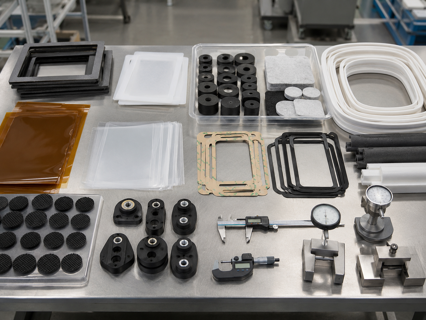 Realistic home appliance OEM die cut parts overview showing foam gaskets, rubber vibration pads, PET insulation films, PI insulation films, adhesive tape frames, non-woven felt pads, protective films, refrigerator sealing strips, air conditioner foam seals, washing machine damping pads, clean trays, calipers, thickness gauges, and compression testing blocks on a professional factory workbench