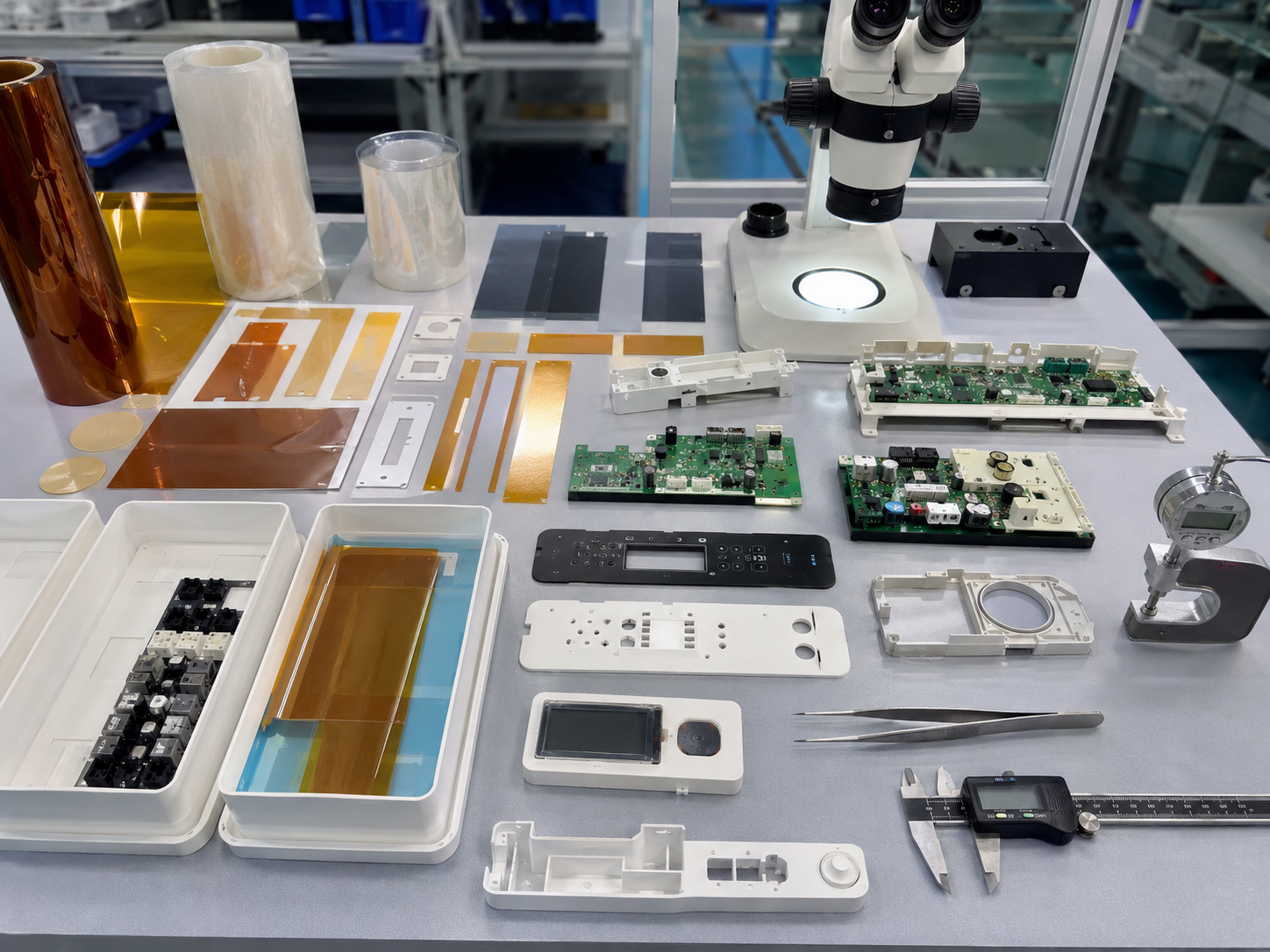 Clean home appliance electronics inspection scene showing die cut PET insulation films, amber PI films, protective films, adhesive tape frames, appliance control panel samples, PCB modules, connector areas, refrigerator control boards, air conditioner sensor housings, tweezers, clean trays, calipers, and optical inspection tools