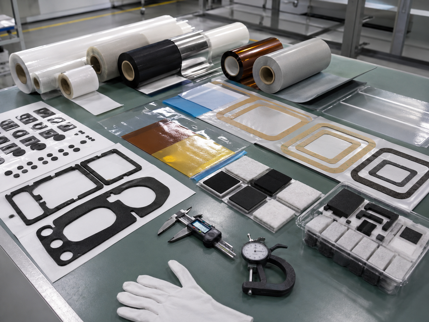 Professional appliance OEM packaging and assembly preparation scene showing die cut foam gaskets, rubber vibration pads, adhesive tape frames, PET insulation films, PI insulation films, protective films, non-woven felt pads, kiss-cut parts on release liners, rolls, sheets, kits, clean trays, packaging bags, calipers, thickness gauges, and inspection tools