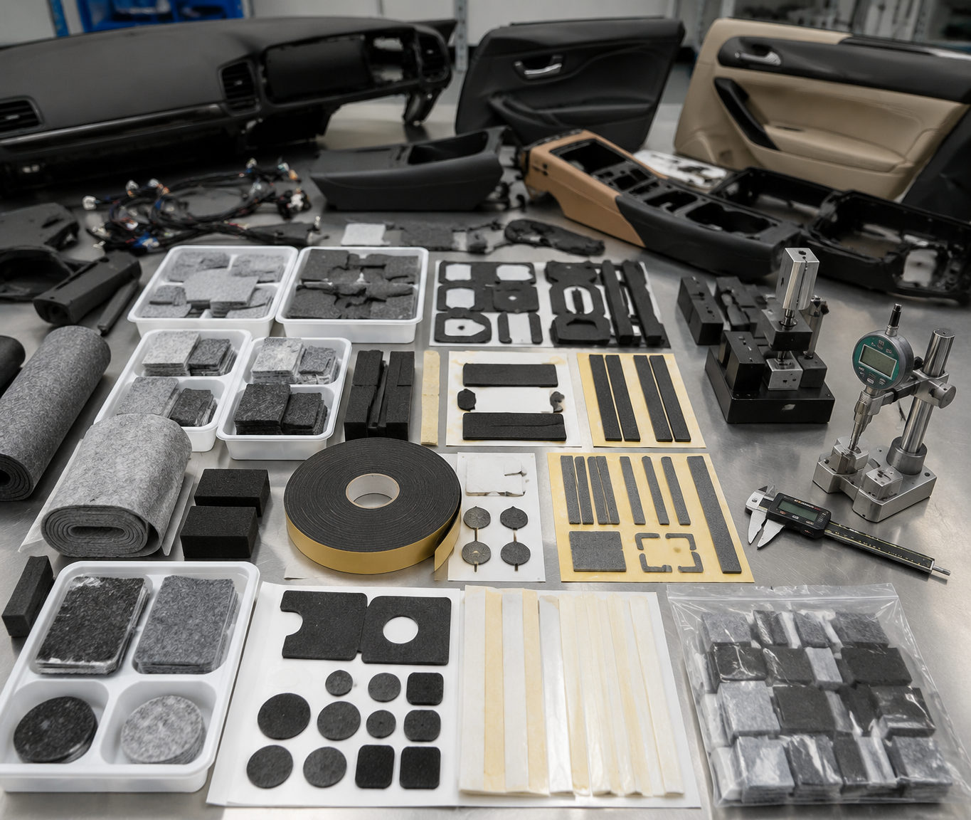 Realistic automotive interior NVH material selection scene showing die cut non-woven felt pads, foam anti-rattle pads, rubber vibration damping pads, adhesive-backed foam strips, dashboard trim samples, door panel parts, center console parts, wire harness sections, clean trays, digital calipers, thickness gauges, and compression testing blocks on a professional factory workbench