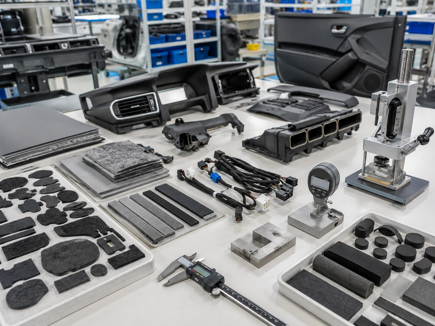 Clean automotive interior vibration control testing scene showing die cut foam pads, non-woven felt strips, rubber damping pads, dashboard trim parts, door panel samples, HVAC duct sections, wire harness samples, compression blocks, peel testing tools, digital calipers, and thickness gauges in a professional inspection area