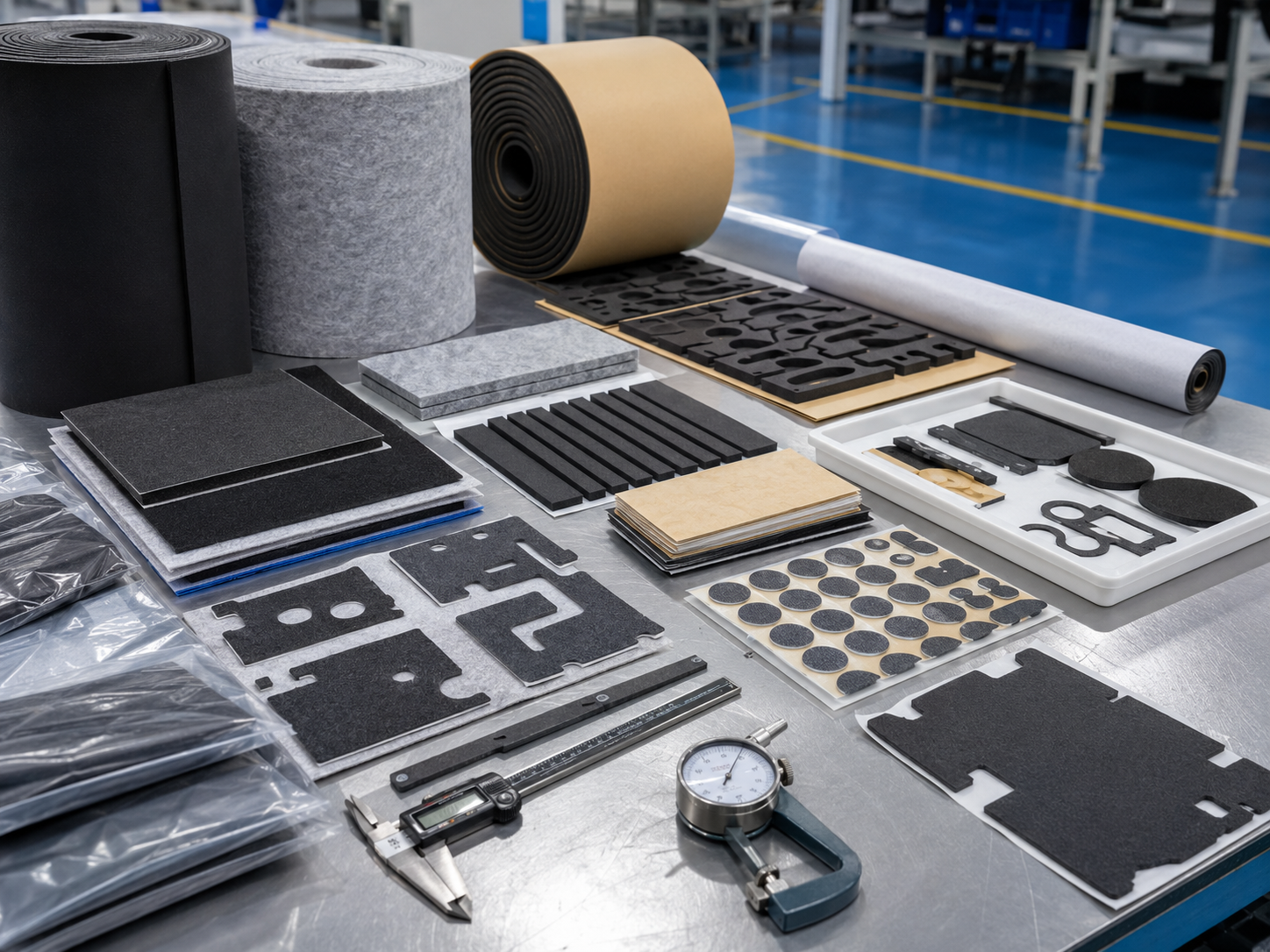 Professional automotive OEM packaging scene showing die cut NVH materials supplied in sheets, rolls, and kits, including non-woven felt pads, foam anti-rattle strips, rubber damping pads, adhesive-backed cushioning parts, release liners, clean trays, packaging bags, digital calipers, and inspection tools