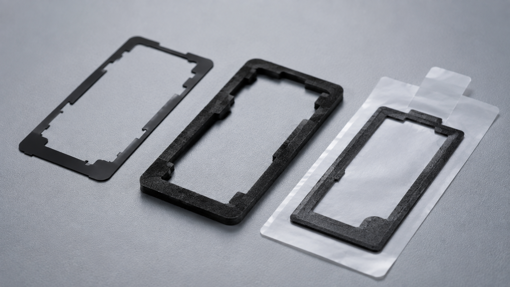 Black PET film and adhesive-backed foam gasket structures for optical light blocking