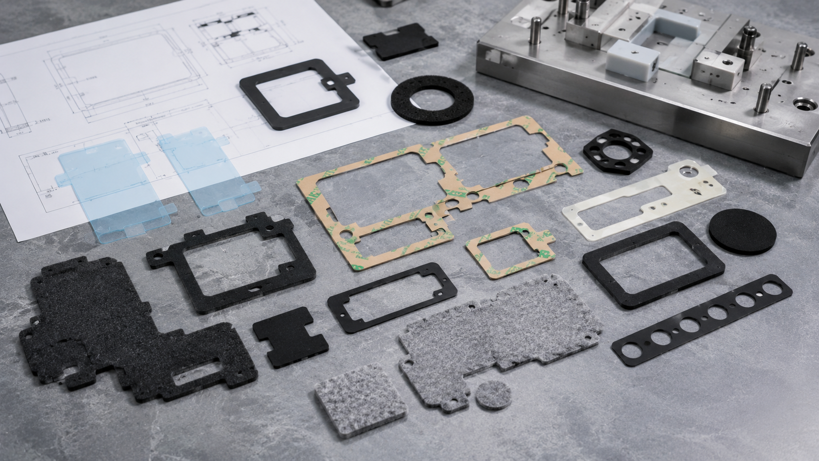 Naturally arranged custom precision die-cut foam pads, rubber gaskets, adhesive tape frames, black PET film components and non-woven felt parts beside an OEM assembly drawing and a simple positioning fixture on a clean engineering workbench. Parts should be slightly staggered with realistic handling spacing, not arranged symmetrically or like a product catalogue. Neutral industrial lighting, no complete products, no logos, no people, no PI film, copper foil or aluminum foil. Image width: 1600–1920 px. Target file size: 100–200 KB.