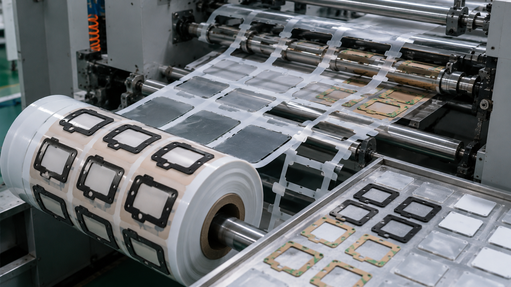 Realistic precision die-cutting production scene showing adhesive-backed foam and PET film being converted on roll-fed equipment, with release liner, partially removed waste matrix and finished kiss-cut parts visible at different stages. Materials should follow a natural production path with slight real-world variation rather than a perfectly staged display. No workers’ faces, no text, no logos, no metal foil and no complete electronic products. Image width: 1600–1920 px. Target file size: 100–200 KB.
