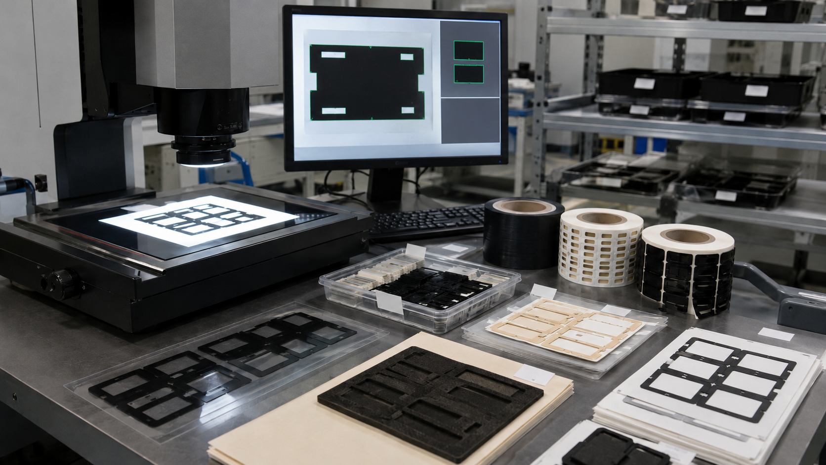Quality inspection and packaging preparation for precision die-cut parts, showing black PET frames, adhesive tape parts and foam gaskets being checked with a 2.5D vision measurement system before being supplied naturally in sheets, rolls and labeled protective trays. Components should appear realistically handled and slightly staggered, not arranged like a catalogue. No people’s faces, no complete modules, no text overlays, no PI film or metal foil. Image width: 1600–1920 px. Target file size: 100–200 KB.