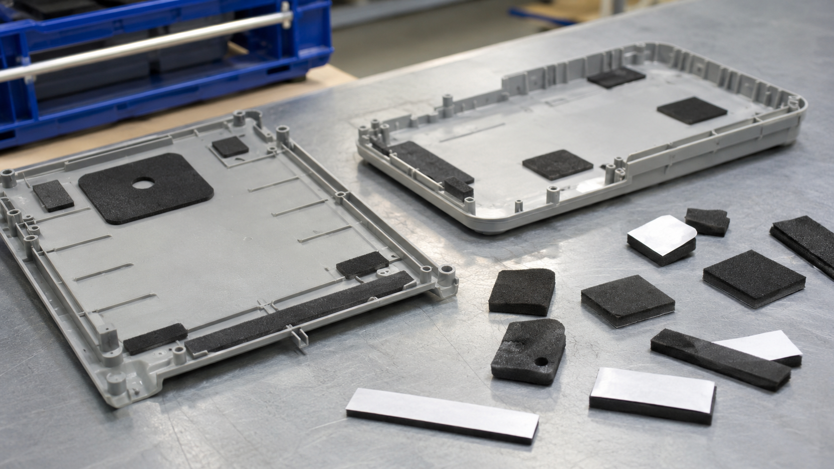 Realistic OEM engineering scene showing naturally positioned die-cut EVA foam pads installed between two plastic assembly panels, with several unused adhesive-backed EVA spacers and cushioning strips placed nearby. The image should demonstrate contact-noise and vibration isolation rather than room soundproofing. Neutral industrial lighting, slight real production handling marks, no complete products, no people, no text, no logos and no symmetrical product display. Image width: 1600–1920 px. Target file size: 100–200 KB.