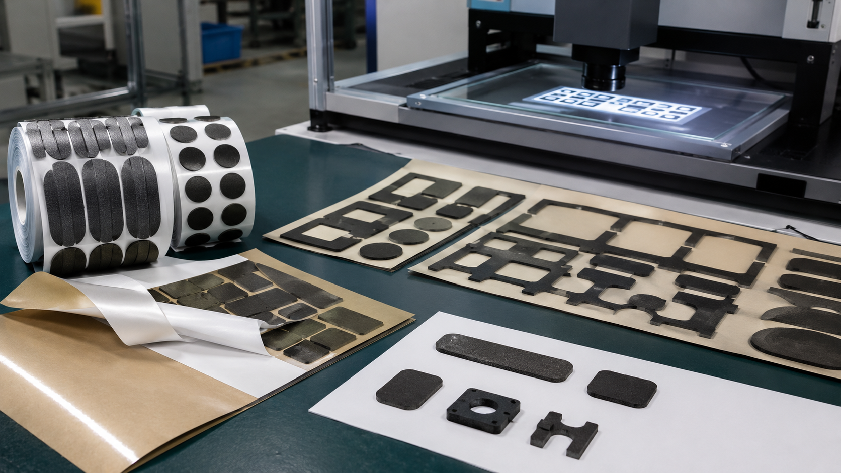 Factory quality-control scene showing adhesive-backed EVA foam pads being inspected after precision die cutting, with the waste matrix partially removed and finished parts supplied naturally on release-liner sheets and short rolls. Include a 2.5D vision inspection system in the background and a small group of dimensional samples placed with realistic spacing. No people’s faces, no text, no logos and no overly neat product arrangement. Image width: 1600–1920 px. Target file size: 100–200 KB.