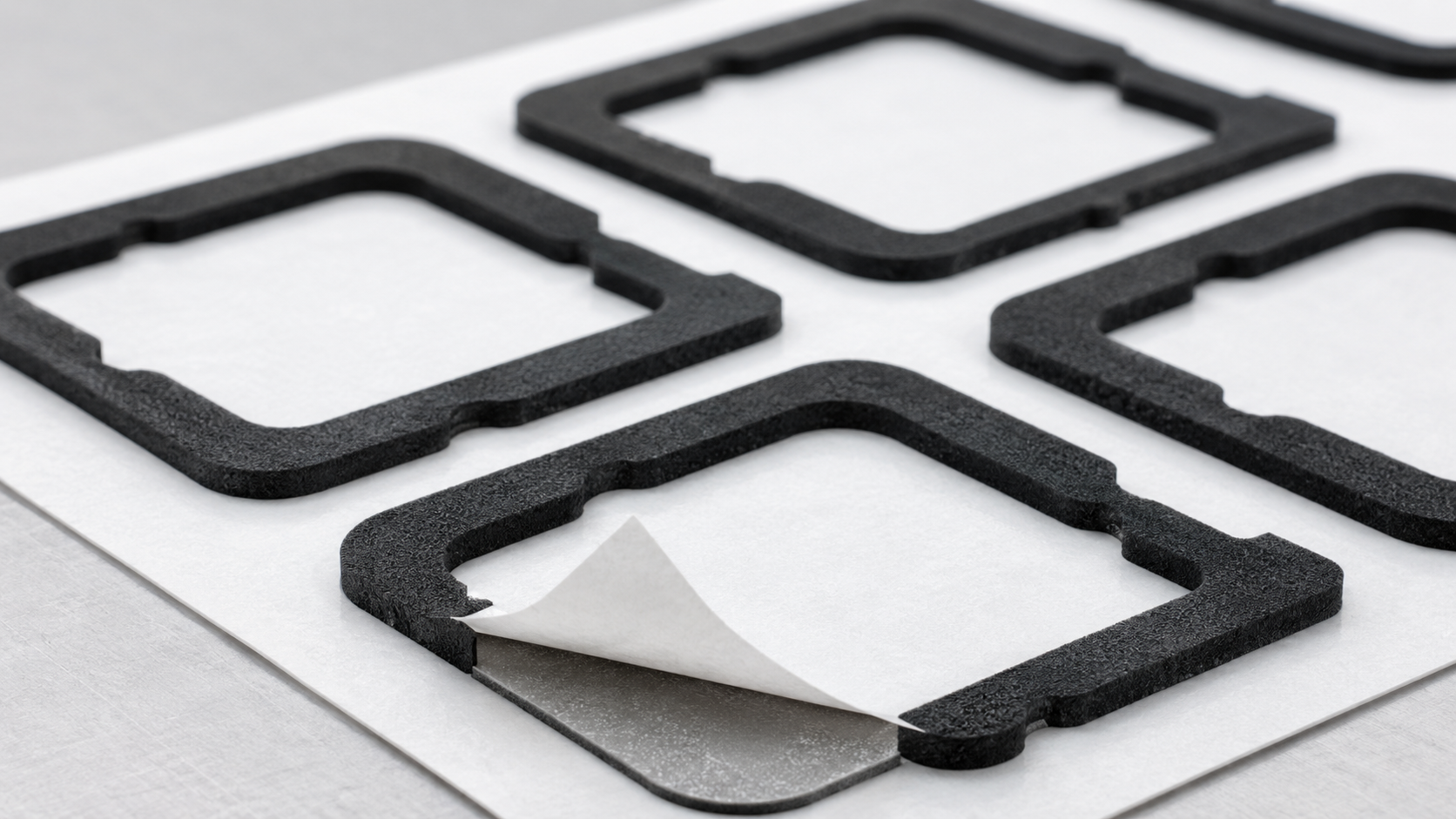 Adhesive-backed die-cut foam gasket frames supported on a release liner