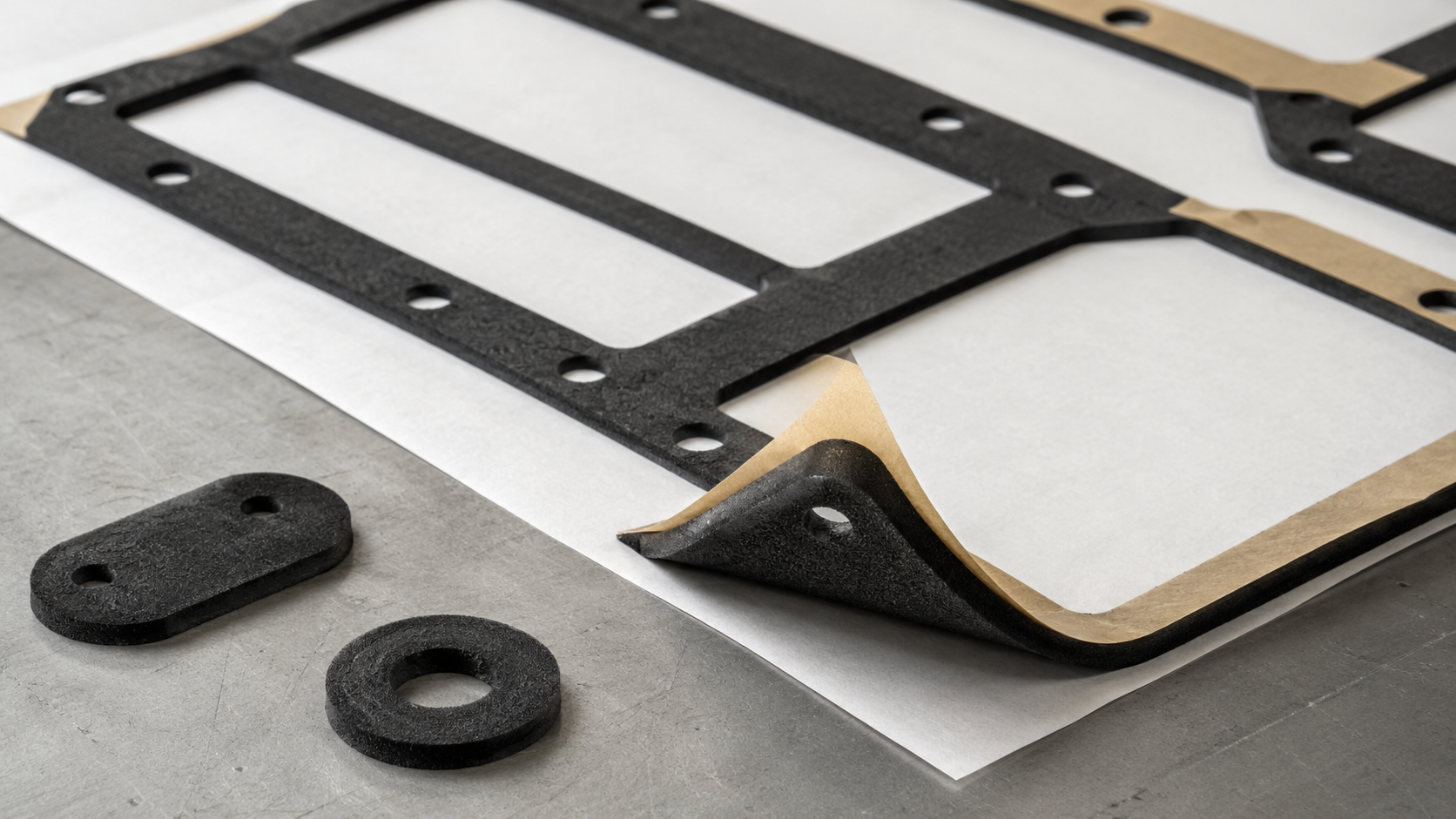 Adhesive-backed kiss-cut foam gasket frames supplied on release liner sheets for OEM assembly