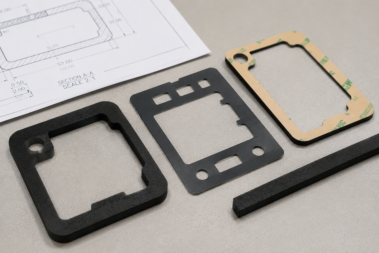 Custom foam gaskets, PET insulation parts and adhesive die-cut components prepared for manufacturability review