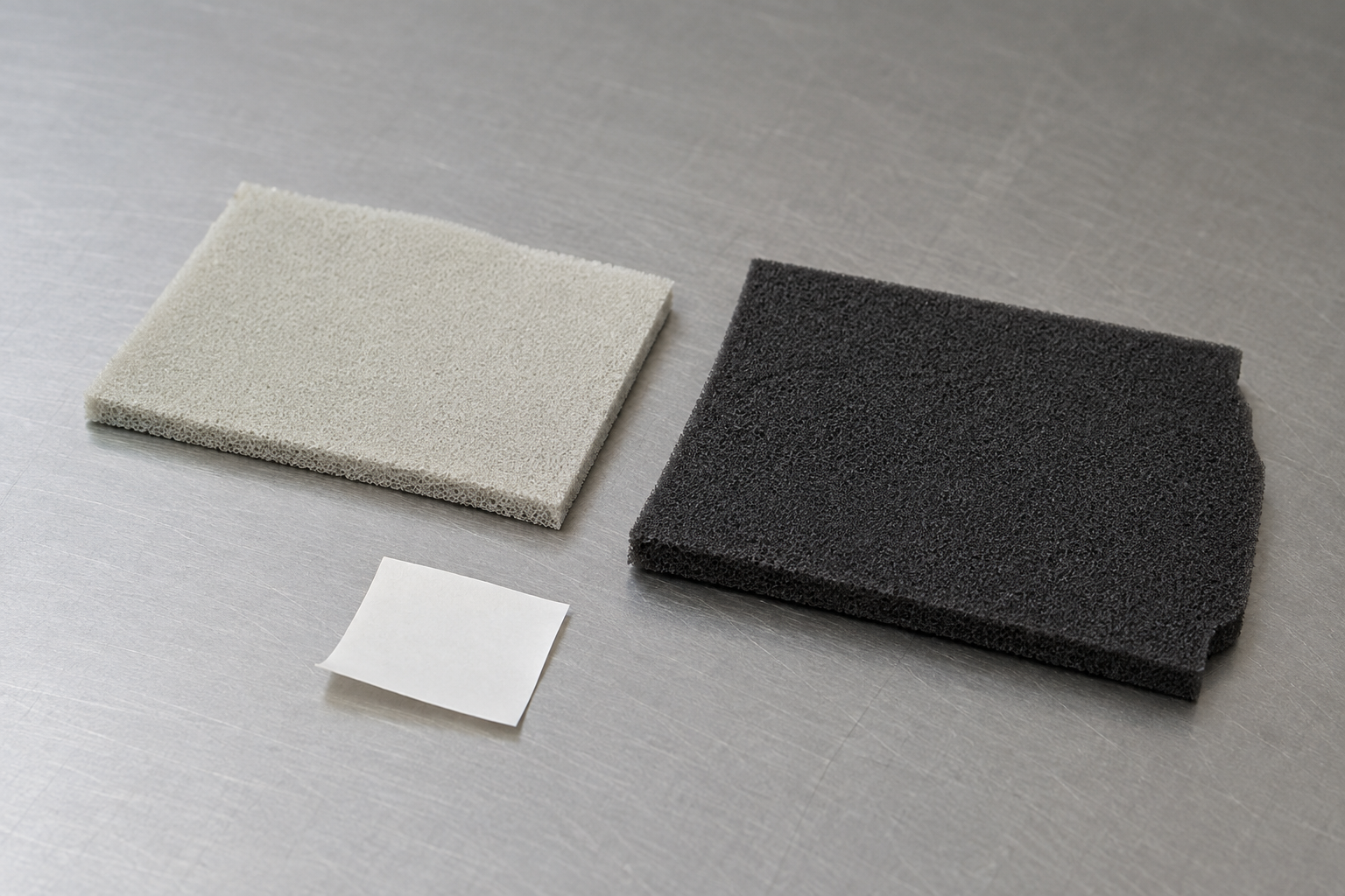 Realistic industrial product photography showing custom adhesive foam gaskets for OEM sealing applications, including PE foam gaskets, EVA foam pads, PU foam seals, EPDM foam gasket frames, silicone foam samples, adhesive-backed foam strips, double-sided foam tape, PET release liners, clean trays, digital calipers, thickness gauges, and compression testing blocks on a clean factory workbench