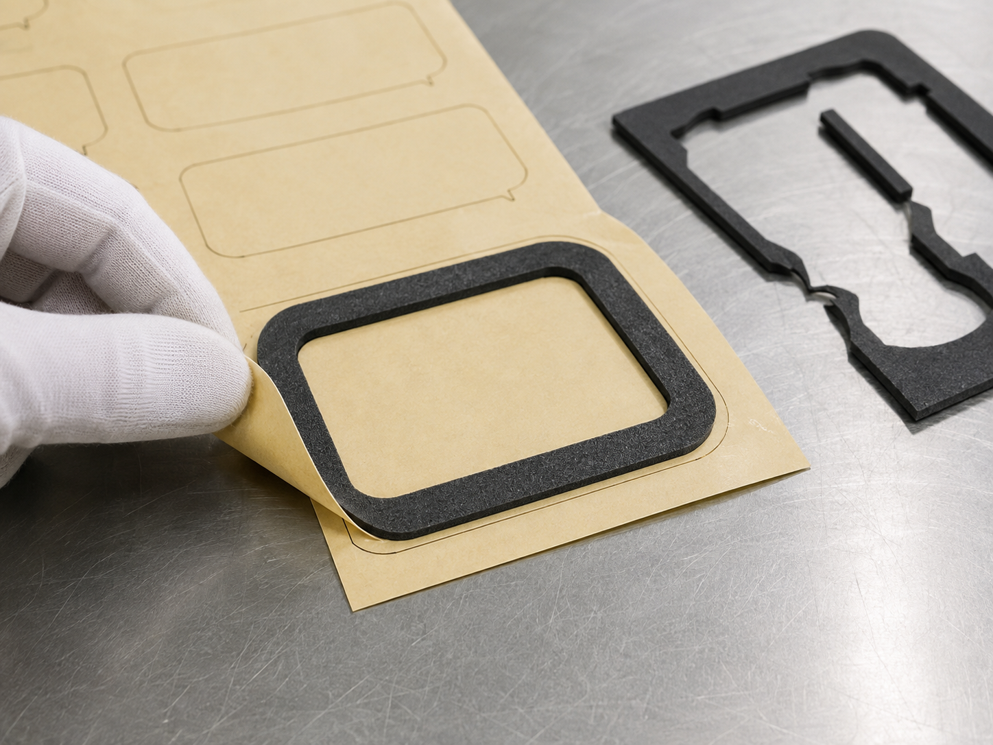 Clean OEM assembly scene showing adhesive foam gaskets used in automotive electronics, appliance control panels, display modules, sensor housings, HVAC samples, lighting module parts, protective films, plastic housings, release liners, tweezers, clean trays, calipers, and optical inspection tools in a professional factory environment
