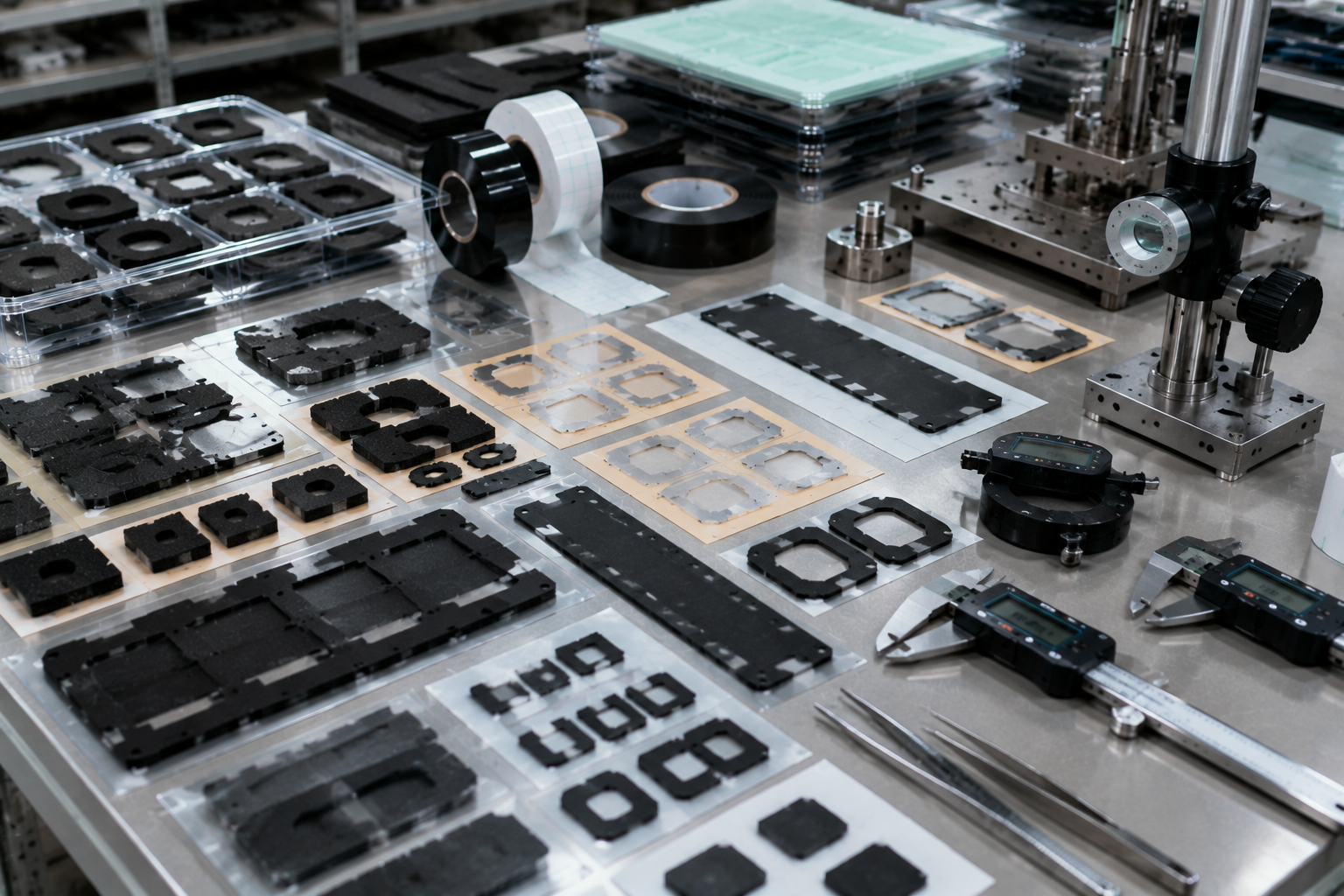 Image Description: Realistic industrial photography showing precision die cut PET insulation films, black PET light-blocking parts, adhesive tape frames, foam pads, protective films, release liners, digital calipers, and electronic component inspection tools on a clean OEM engineering workbench. No complete electronic products, displays, text, labels, logos, arrows, or icons. Image width: 1600–1920 px. Target file size: 100–200 KB.