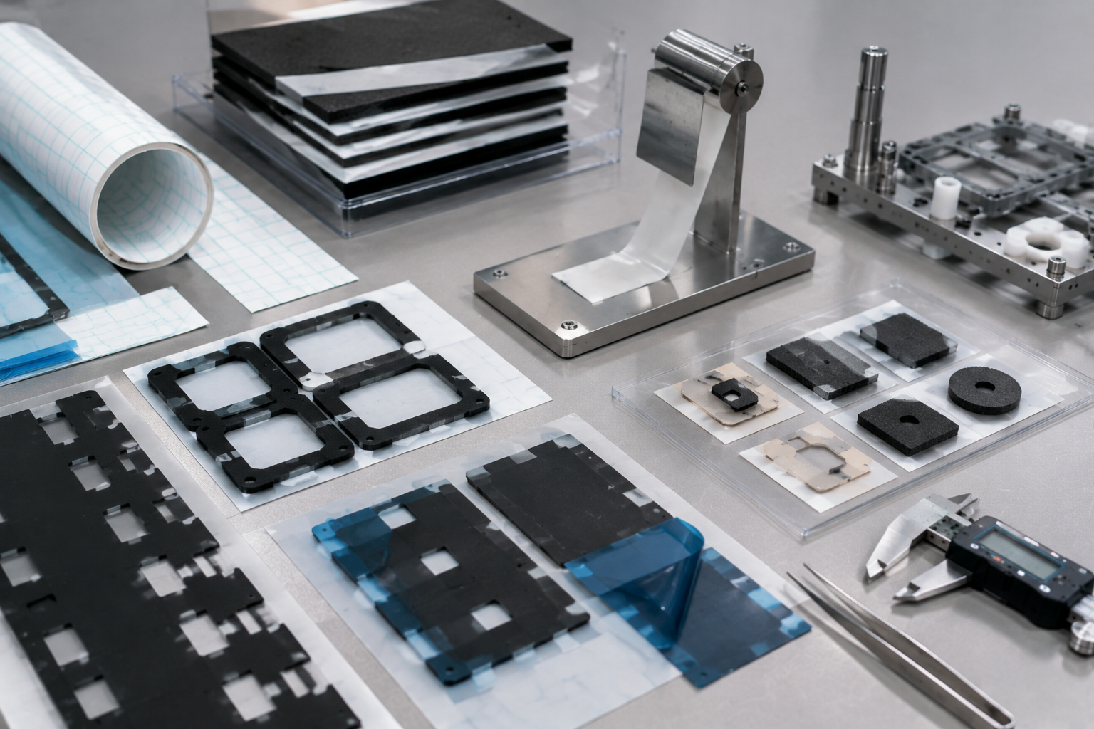 Image Description: Clean electronic component development scene showing adhesive-backed PET films, foam gasket frames, double-sided tape parts, protective films, release liners, peel testing equipment, inspection fixtures, and sample electronic assemblies without visible branding. No complete products, text, labels, logos, arrows, or icons. Image width: 1600–1920 px. Target file size: 100–200 KB.