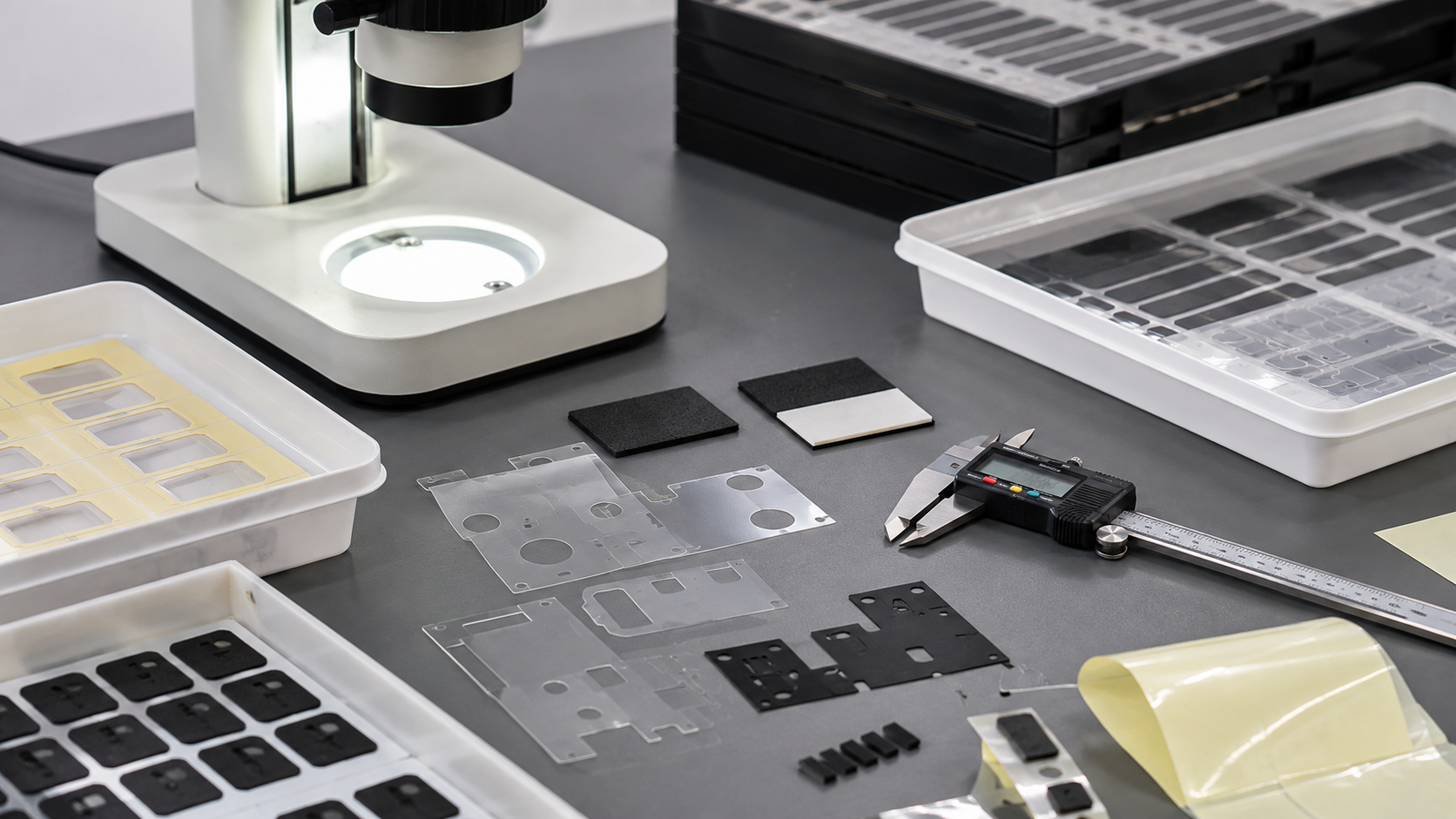 Image Description: Realistic factory quality inspection scene showing finished die cut electronic components including PET insulation films, black PET light-blocking parts, adhesive tape frames, foam pads, protective films, release liners, digital calipers, optical inspection equipment, and organized production trays. No complete electronic devices, text, labels, logos, arrows, or icons. Image width: 1600–1920 px. Target file size: 100–200 KB.