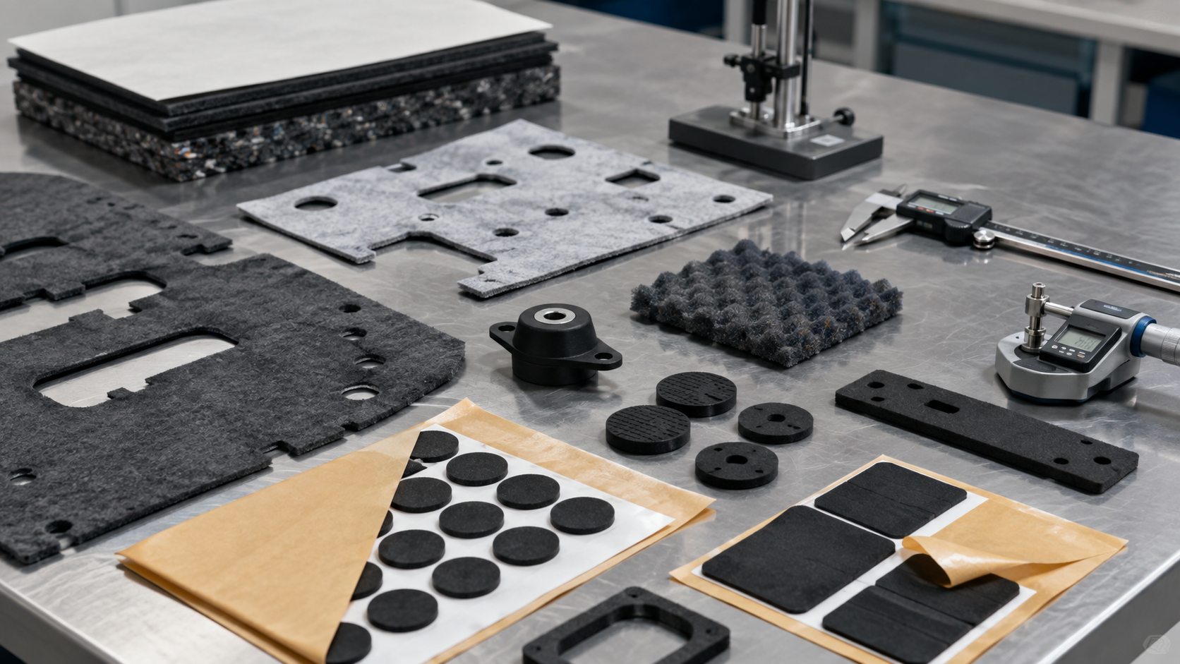 Image Description: Realistic automotive engineering photography showing precision die cut non-woven felt NVH pads, foam acoustic components, EPDM rubber vibration pads, adhesive-backed parts, release liners, calipers, thickness gauges, and clean OEM inspection tools on a professional workbench. No people, complete vehicles, text, labels, logos, arrows, or icons. Image width: 1600–1920 px. Target file size: 100–200 KB.