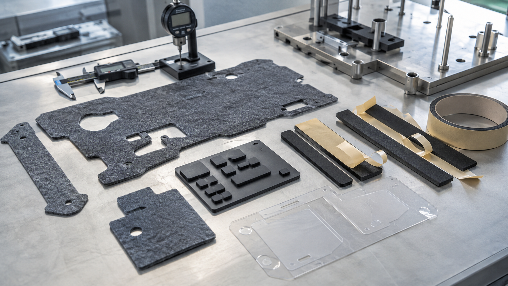 Image Description: Clean EV interior component development scene showing die cut felt NVH pads, adhesive-backed foam strips, rubber vibration pads, PET protective components, release liners, assembly fixtures, and dimensional inspection equipment. No people, complete vehicles, text, labels, logos, arrows, or icons. Image width: 1600–1920 px. Target file size: 100–200 KB.