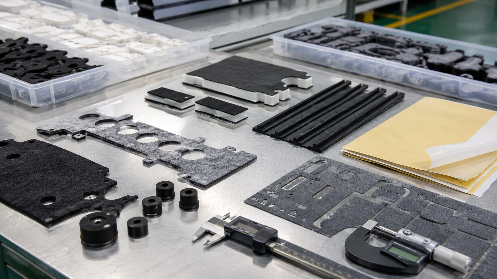 Image Description: Realistic automotive component inspection scene showing finished die cut felt NVH pads, foam acoustic parts, EPDM rubber vibration components, adhesive-backed strips, release liner sheets, digital calipers, thickness measurement tools, and organized OEM production trays. No people, vehicles, text, labels, logos, arrows, or icons. Image width: 1600–1920 px. Target file size: 100–200 KB.