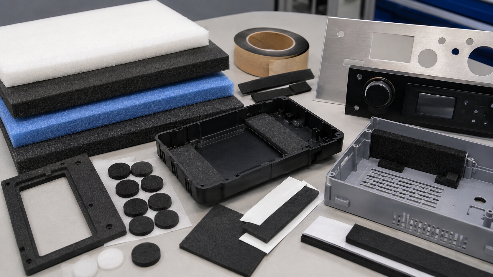 Realistic industrial PE foam selection scene showing several polyethylene foam sheets, die cut PE foam pads, adhesive-backed foam strips, foam gasket samples, equipment housing parts, appliance panel samples, and protective cushioning areas placed naturally on a clean engineering workbench with slight irregular spacing, soft shadows, and a premium industrial B2B style. Image specification: first image 150–250 KB, width 1600–1920px, no 4K original upload needed, no text, no labels, no logos, no arrows, no icons