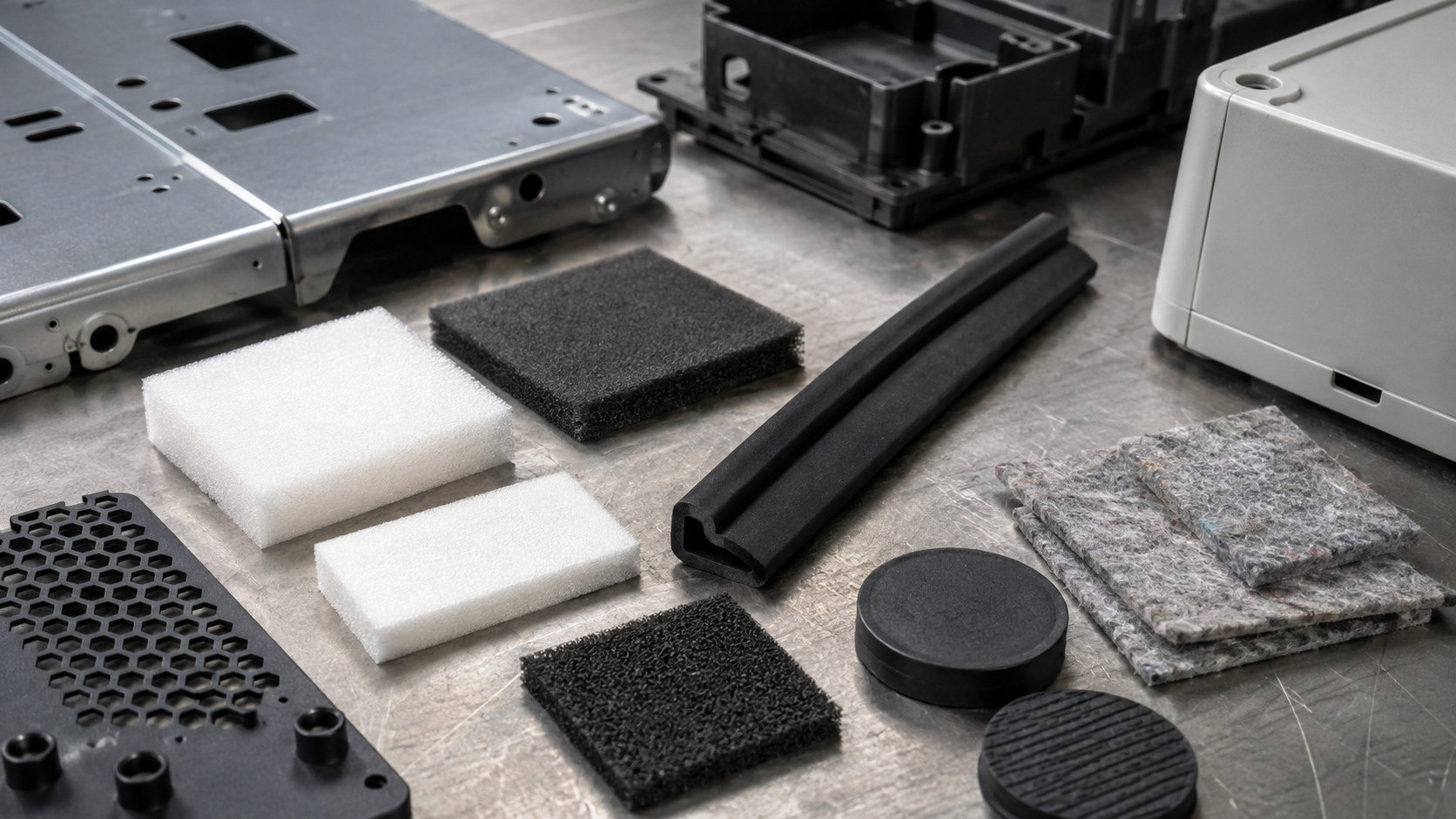 Close-up industrial material comparison scene showing PE foam pads, EVA foam pieces, EPDM foam strips, rubber pads, and felt samples placed naturally beside metal, plastic, and appliance housing surfaces. The composition should highlight material selection differences with realistic spacing, shallow depth of field, and clean industrial lighting, not a perfectly aligned catalog display. Image specification: body image 100–200 KB, width 1600–1920px, no 4K original upload needed, no text, no labels, no logos, no arrows, no icons