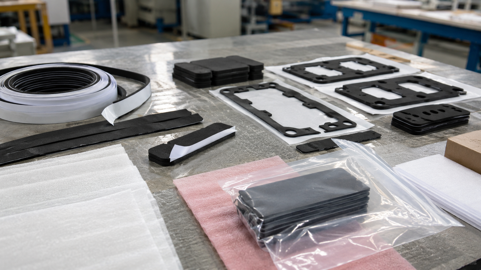 Realistic PE foam die cutting and assembly preparation scene showing adhesive-backed PE foam strips, die cut foam pads, foam gasket frames on release liners, a few partially peeled pieces, natural stacks of finished foam parts, and clean packaging materials placed casually but professionally on a factory workstation with soft production background depth. Image specification: body image 100–200 KB, width 1600–1920px, no 4K original upload needed, no text, no labels, no logos, no arrows, no icons