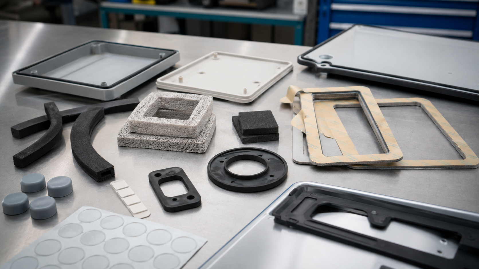 Realistic gasket material comparison scene showing silicone foam gasket samples, silicone rubber pads, EPDM foam strips, black rubber gasket parts, adhesive-backed gasket frames, electronic enclosure covers, appliance panel samples, and metal and plastic contact surfaces placed naturally on a clean engineering workbench with slight irregular spacing and soft industrial depth. Image specification: first image 150–250 KB, width 1600–1920px, no 4K original upload needed, no text, no labels, no logos, no arrows, no icons