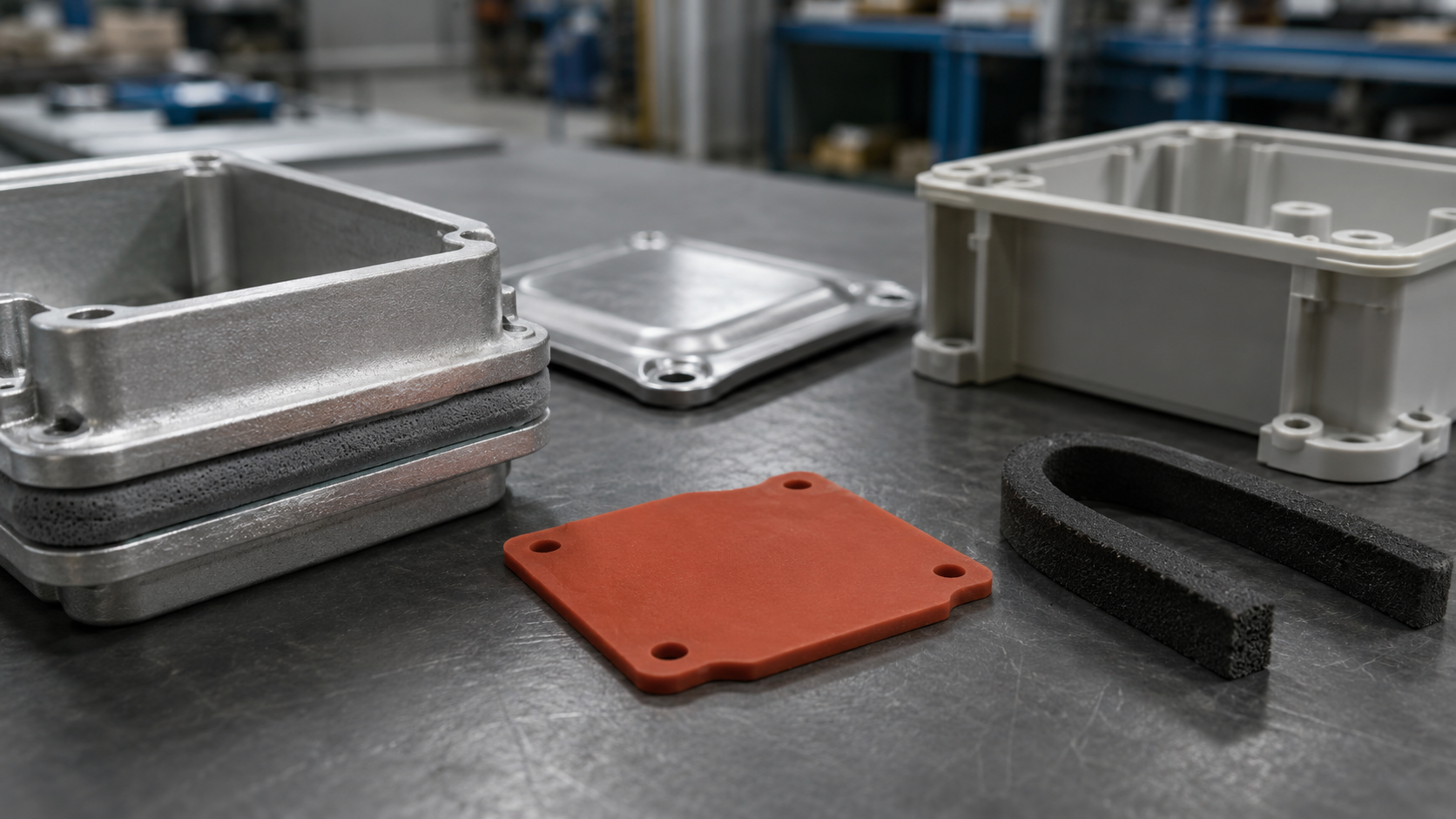 Close-up industrial material selection scene showing a silicone foam gasket lightly compressed between two housing samples, a silicone rubber pad beside a metal cover, and an EPDM foam gasket strip near a plastic enclosure. All parts and surfaces are naturally placed with slight irregular spacing, realistic shadows, and clean premium B2B engineering style, not arranged like a sample catalog display. Image specification: body image 100–200 KB, width 1600–1920px, no 4K original upload needed, no text, no labels, no logos, no arrows, no icons