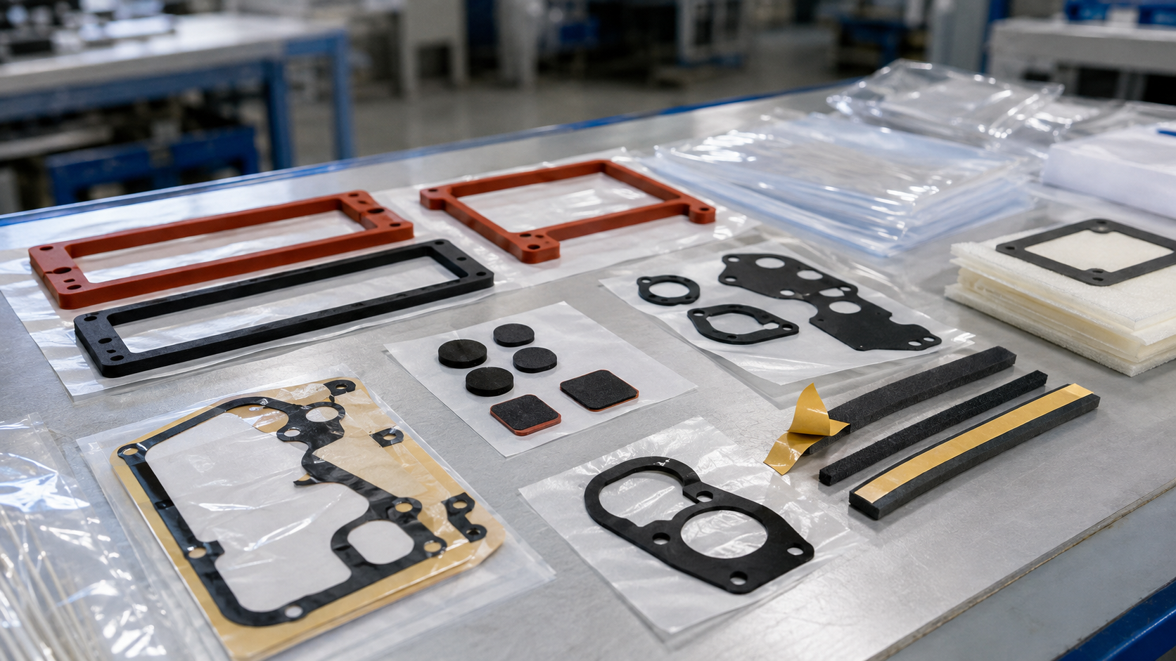 Realistic silicone and rubber gasket die cutting preparation scene showing silicone foam gasket frames, silicone rubber pads, EPDM foam strips, black rubber gasket parts, adhesive-backed gasket parts on release liners, a few partially peeled components, clean packaging materials, and a factory workstation with natural spacing and soft production background depth. Image specification: body image 100–200 KB, width 1600–1920px, no 4K original upload needed, no text, no labels, no logos, no arrows, no icons