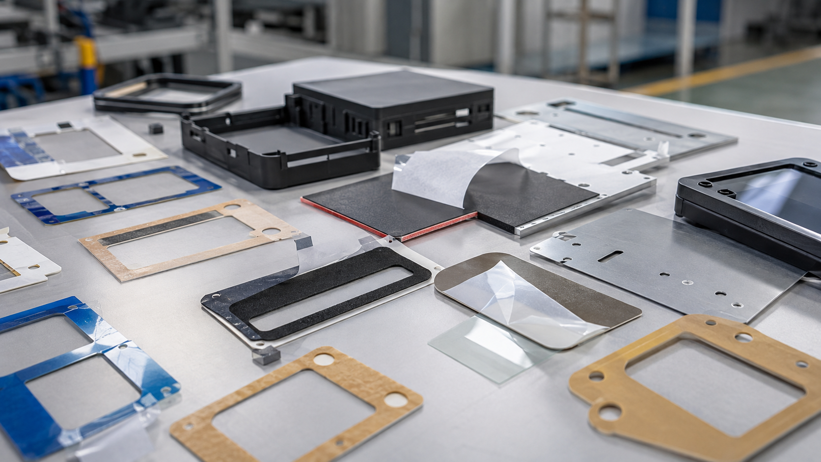 Realistic industrial adhesive tape selection scene showing several die cut double-sided adhesive tape frames, acrylic foam tape pads, PET-backed adhesive parts, transfer adhesive film samples, metal panels, plastic housings, coated industrial covers, and equipment enclosure samples placed naturally on a clean engineering workbench with slight irregular spacing, soft shadows, and premium industrial B2B style. Image specification: first image 150–250 KB, width 1600–1920px, no 4K original upload needed, no text, no labels, no logos, no arrows, no icons