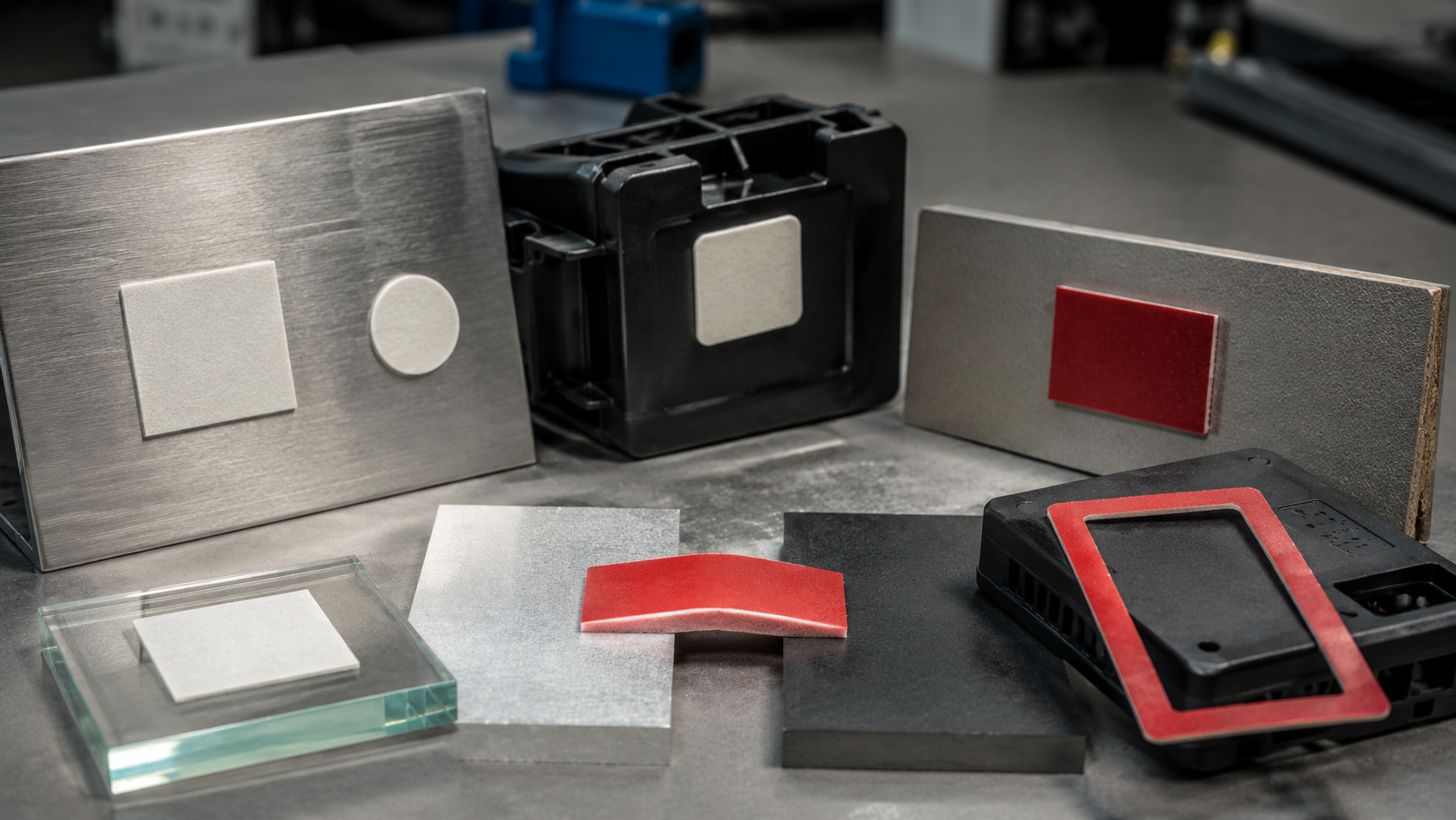 Close-up industrial bonding surface comparison showing die cut adhesive tape samples naturally applied to brushed metal, black plastic, coated panel, and glass surfaces, with one foam tape piece bridging a slight surface gap and one PET-backed tape frame placed near a compact electronic housing. The layout should feel like a real material evaluation scene with natural spacing and shallow depth of field, not a perfectly aligned product display. Image specification: body image 100–200 KB, width 1600–1920px, no 4K original upload needed, no text, no labels, no logos, no arrows, no icons