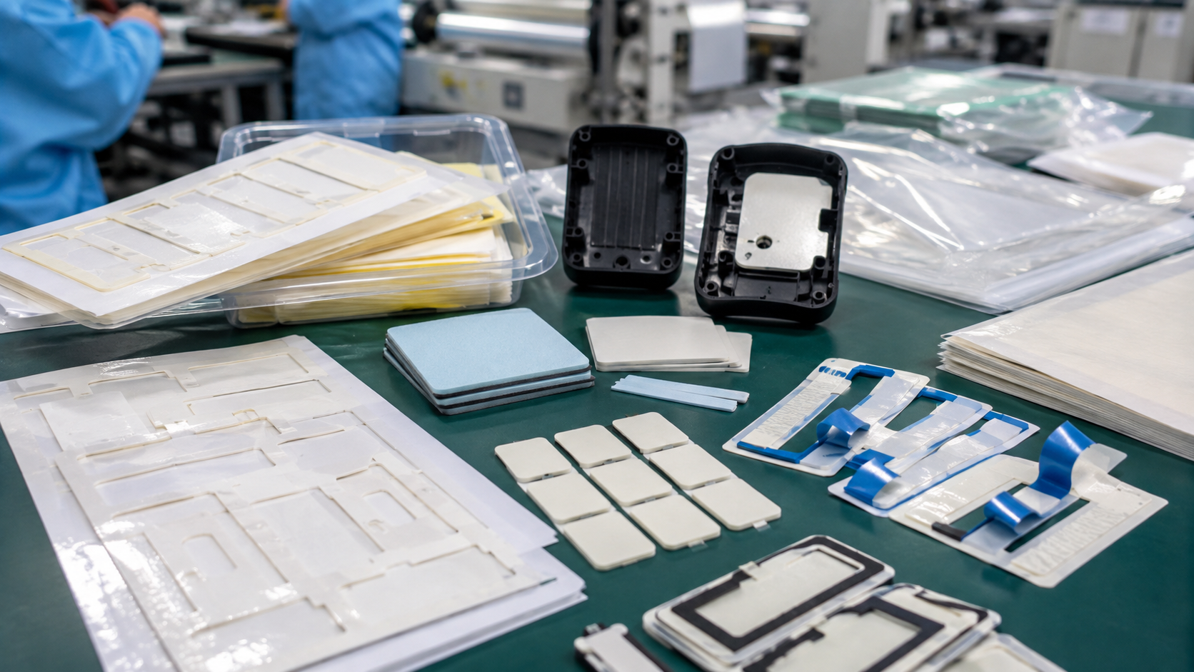 Realistic industrial adhesive tape die cutting and assembly preparation scene showing kiss-cut double-sided tape frames on release liners, acrylic foam tape pads, PET-backed adhesive strips, a few partially peeled pull-tab tape parts, equipment housing samples, and clean packaging materials placed naturally on a factory workstation with soft production background depth and slight irregular spacing. Image specification: body image 100–200 KB, width 1600–1920px, no 4K original upload needed, no text, no labels, no logos, no arrows, no icons