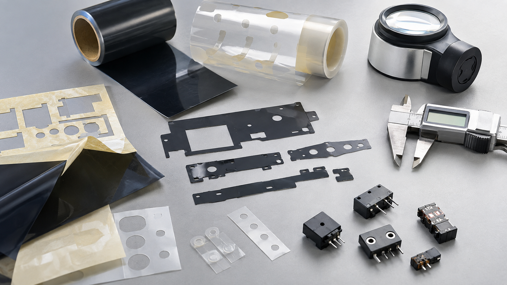 Image Description: Realistic industrial photography showing precision die cut PET insulation films, black PET protective components, adhesive-backed film parts, release liners, optical inspection tools, digital calipers, and electronic component samples on a clean OEM engineering workbench. No complete electronic devices, text, labels, logos, arrows, or icons. Image width: 1600–1920 px. Target file size: 100–200 KB.