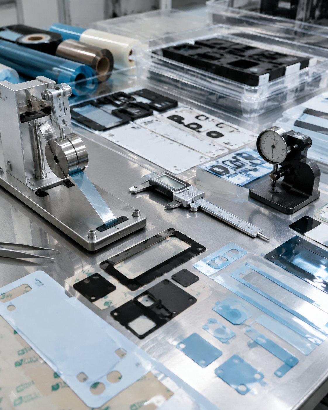 Image Description: Clean electronic component manufacturing scene showing adhesive-backed PET insulation frames, protective film parts, release liners, precision die cutting samples, peel-test tools, inspection fixtures, and dimensional measurement equipment. No complete consumer products, readable text, labels, logos, arrows, or icons. Image width: 1600–1920 px. Target file size: 100–200 KB.