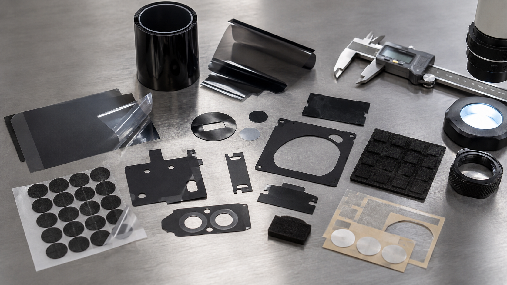 Image Description: Realistic industrial photography showing precision die cut black PET light-blocking films, PET insulation parts, protective films, adhesive-backed optical components, foam cushioning pads, release liners, digital calipers, and optical inspection tools on a clean OEM engineering workbench. No complete cameras, displays, electronic devices, text, labels, logos, arrows, or icons. Image width: 1600–1920 px. Target file size: 100–200 KB.
