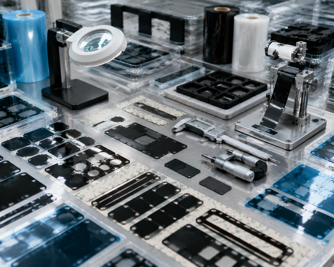 Image Description: Clean optical and electronic component development scene showing die cut adhesive-backed PET frames, black PET light-blocking parts, protective films, foam cushioning pads, release liners, peel-test equipment, and precision inspection fixtures. No complete cameras, displays, branded products, text, labels, logos, arrows, or icons. Image width: 1600–1920 px. Target file size: 100–200 KB.