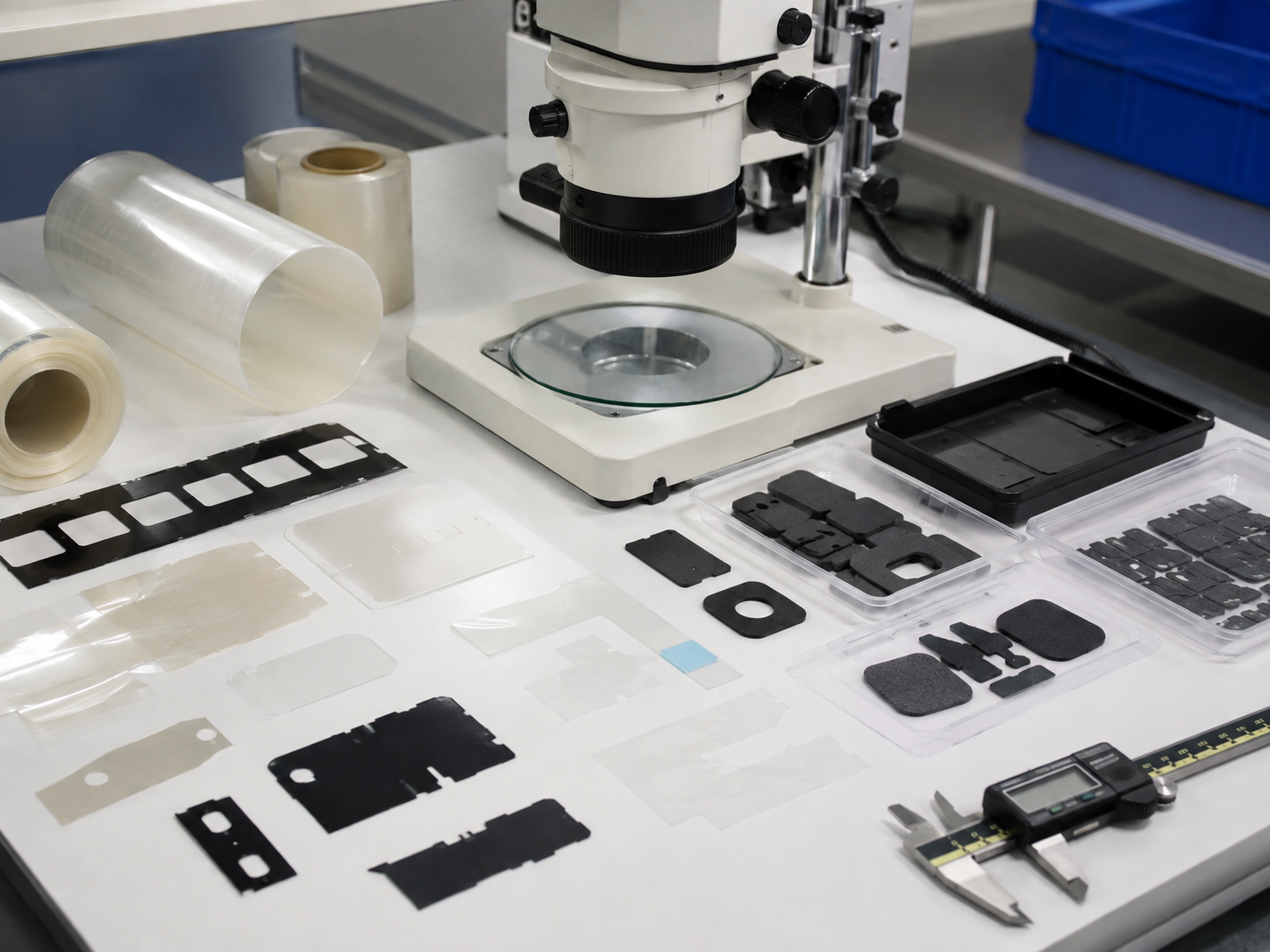 Image Description: Realistic factory quality inspection scene showing finished die cut PET insulation films, black PET light-blocking components, protective films, adhesive-backed optical parts, foam pads, release liners, inspection trays, digital calipers, and optical measurement equipment. No complete electronic devices, cameras, displays, text, labels, logos, arrows, or icons. Image width: 1600–1920 px. Target file size: 100–200 KB.