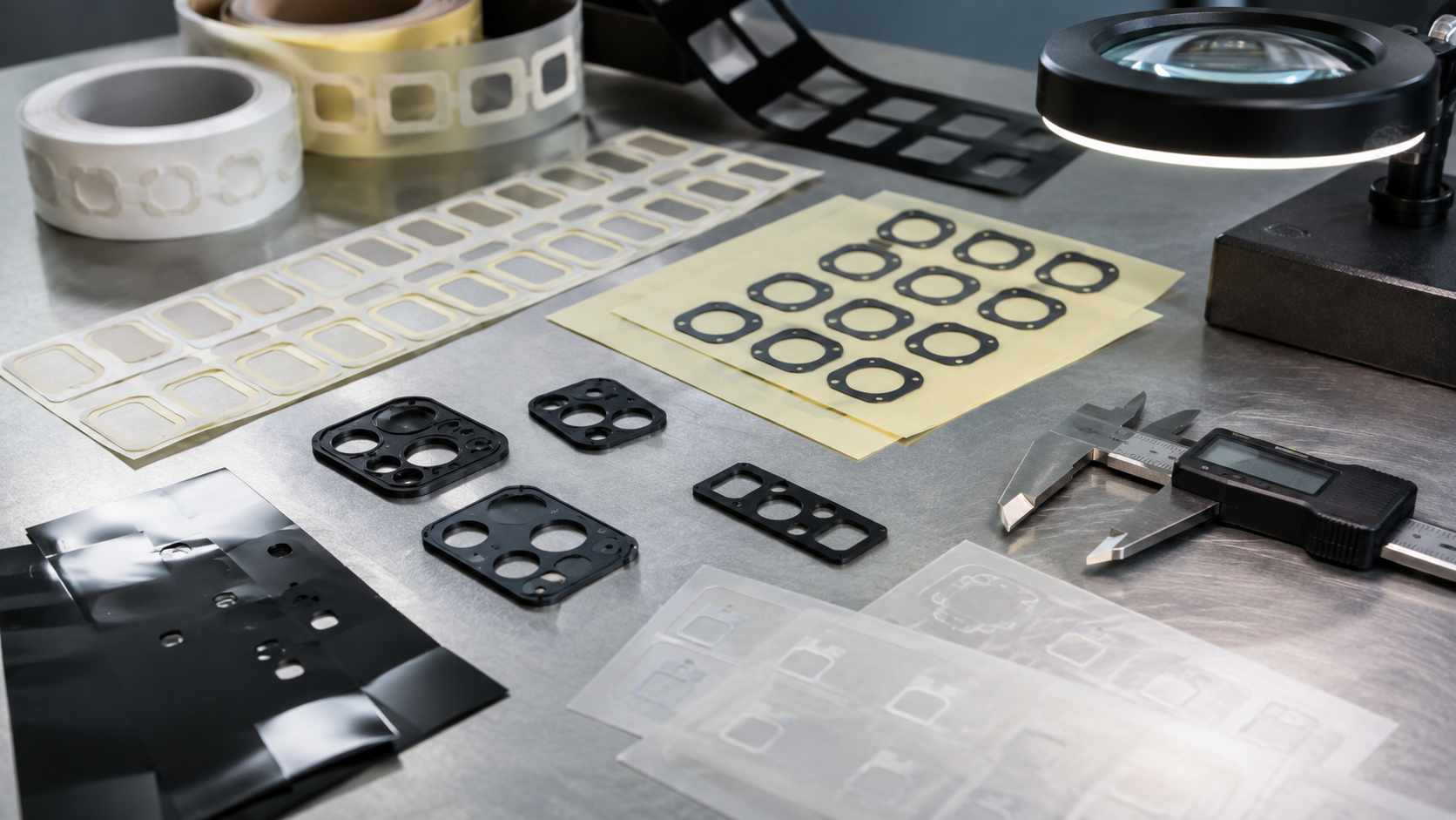 Image Description: Realistic industrial photography showing precision die-cut adhesive tape frames for camera modules, black PET light-blocking film parts, PET insulation films, release liners, optical inspection tools, digital calipers, and clean OEM engineering samples on a professional workbench. No complete cameras, smartphones, text, labels, logos, arrows, or icons. Image width: 1600–1920 px. Target file size: 100–200 KB.