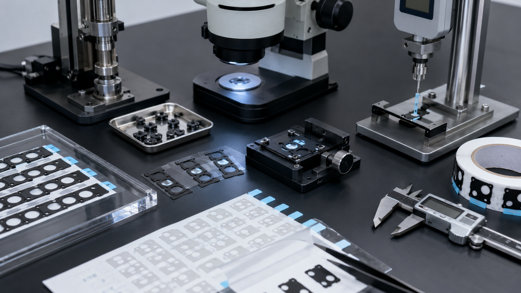 Image Description: Clean optical component assembly scene showing adhesive-backed camera module tape frames, black PET light-blocking parts, release liners with pull tabs, precision inspection fixtures, peel-test equipment, and dimensional measurement tools. No complete camera modules, smartphones, text, labels, logos, arrows, or icons. Image width: 1600–1920 px. Target file size: 100–200 KB.