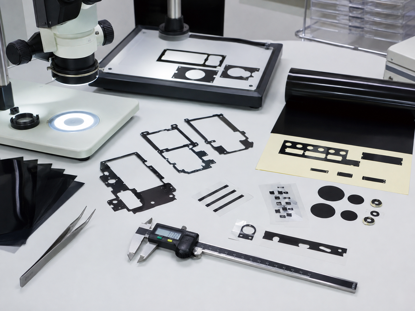Image Description: Realistic industrial photography showing precision die-cut black PET light-blocking film frames, adhesive-backed optical film parts, PET insulation components, release liners, digital calipers, magnification tools, and optical inspection equipment on a clean OEM engineering workbench. No complete cameras, smartphones, text, labels, logos, arrows, or icons. Image width: 1600–1920 px. Target file size: 100–200 KB.