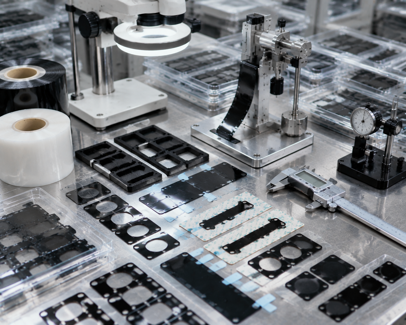 Image Description: Clean optical component development scene showing adhesive-backed black PET light-blocking frames, camera module film samples, release liners with pull tabs, peel-test equipment, optical inspection fixtures, and dimensional measurement tools. No complete camera modules, branded products, text, labels, logos, arrows, or icons. Image width: 1600–1920 px. Target file size: 100–200 KB.