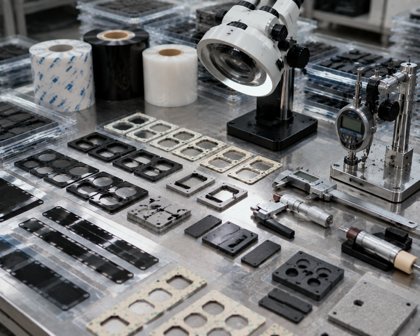 Image Description: Realistic industrial photography showing precision die-cut foam tape frames, adhesive foam gaskets, cushioning pads, PET film components, release liners, digital calipers, thickness gauges, and optical component inspection tools on a clean OEM engineering workbench. No complete camera modules, smartphones, text, labels, logos, arrows, or icons. Image width: 1600–1920 px. Target file size: 100–200 KB.