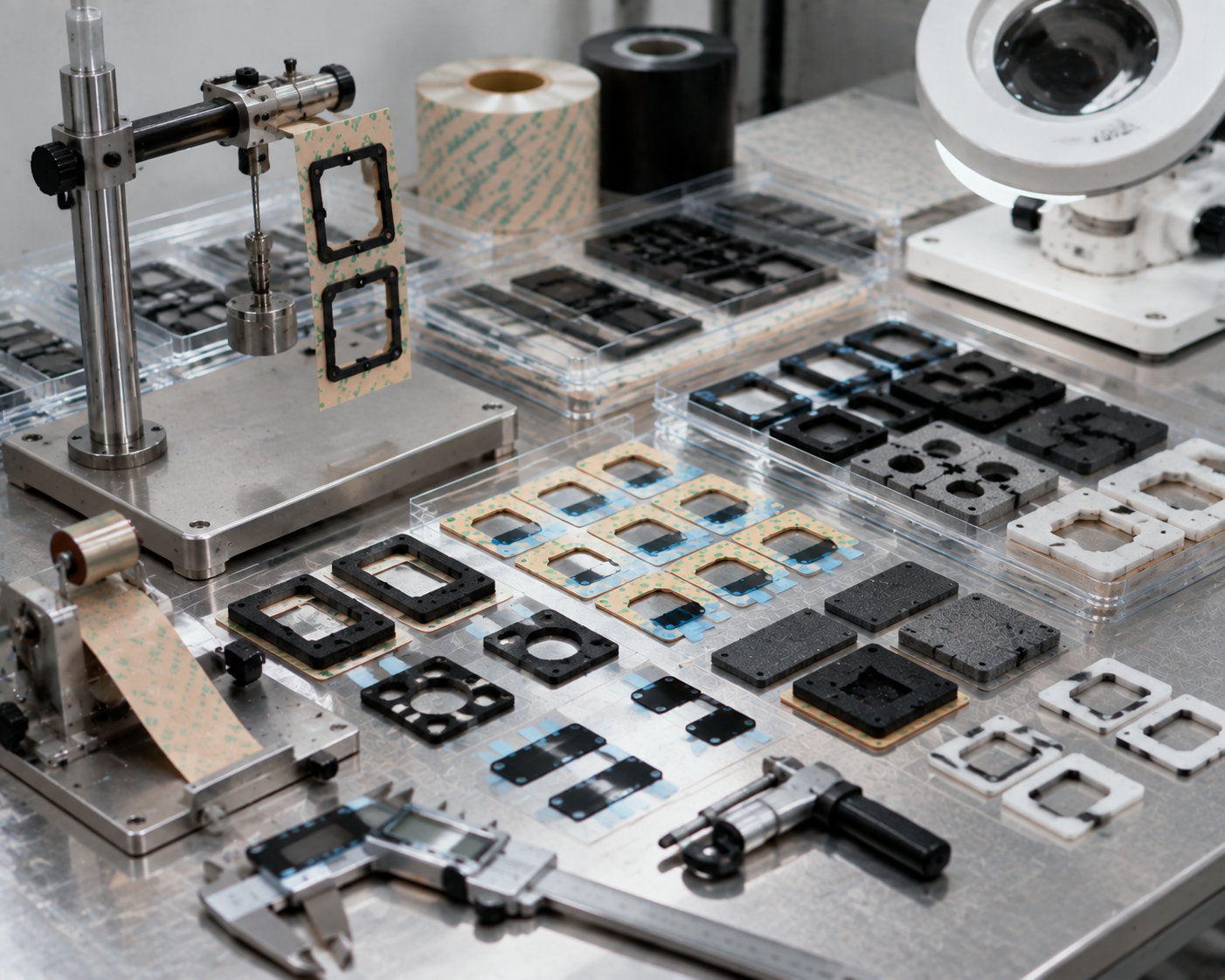 Image Description: Clean optical component assembly scene showing adhesive-backed foam sealing frames, camera module cushion pads, PE and EVA foam parts, release liners with pull tabs, peel-test tools, and dimensional inspection fixtures. No complete cameras, smartphones, displays, text, labels, logos, arrows, or icons. Image width: 1600–1920 px. Target file size: 100–200 KB.