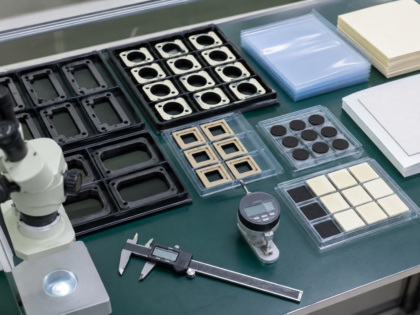 Image Description: Realistic factory quality inspection scene showing finished die-cut foam sealing frames, adhesive foam tape parts, cushion pads, PET film components, release liner sheets, digital calipers, thickness gauges, magnification tools, and organized OEM production trays. No complete camera modules, electronic products, text, labels, logos, arrows, or icons. Image width: 1600–1920 px. Target file size: 100–200 KB.