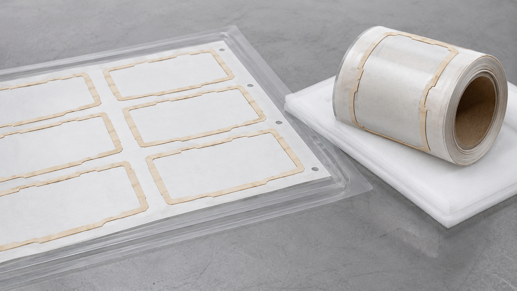 Inspected die-cut display adhesive tape parts supplied on clean sheets and rolls