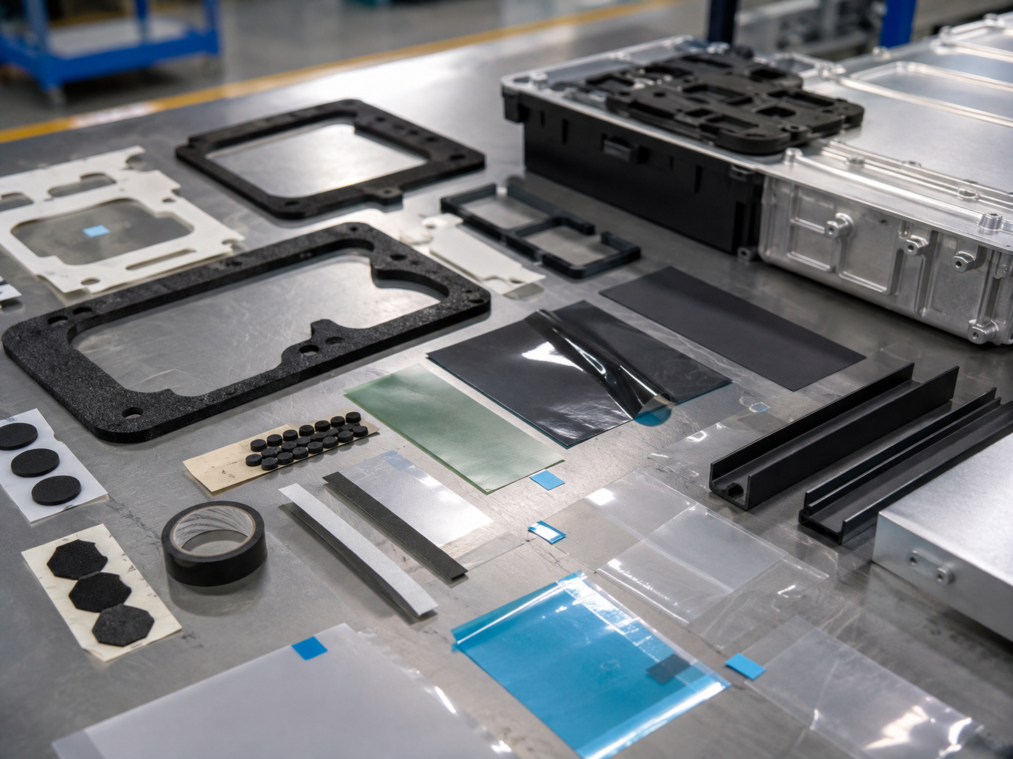 Realistic EV battery assembly material review scene showing die cut foam gasket frames, adhesive tape strips, PET insulation films, rubber pads, protective film pieces with pull tabs, enclosure cover samples, cable channel samples, and metal housing surfaces placed naturally with slight irregular spacing on a clean engineering workbench. The scene should feel like a practical OEM design review with soft industrial depth, not a perfectly aligned product catalog display. Image specification: first image 150–250 KB, width 1600–1920px, no 4K original upload needed, no text, no labels, no logos, no arrows, no icons