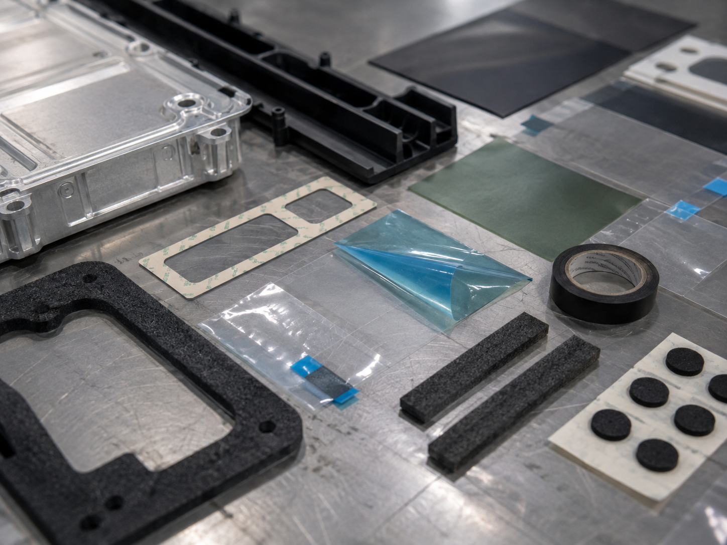 Close-up EV battery flexible material selection scene showing adhesive-backed PET insulation films, foam gasket strips, double-sided tape frames, protective films with pull tabs, and rubber cushioning pads naturally placed beside metal enclosure covers and plastic cable channel samples. The composition should show different material functions with natural spacing, shallow depth of field, and clean premium industrial lighting, not a symmetrical sample display. Image specification: body image 100–200 KB, width 1600–1920px, no 4K original upload needed, no text, no labels, no logos, no arrows, no icons
